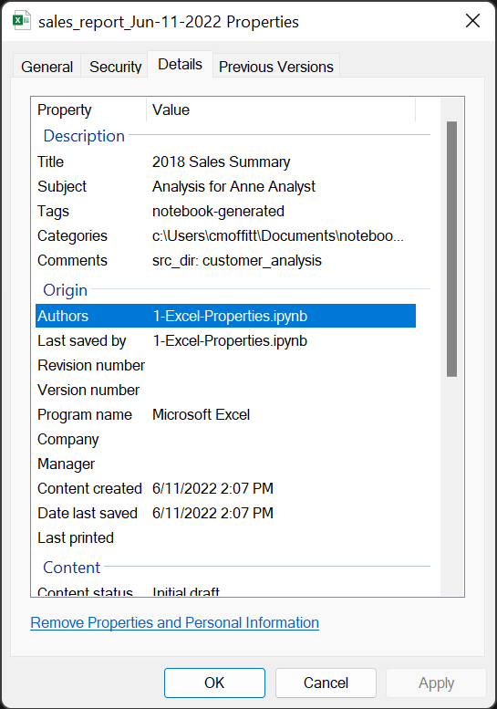 Excel property details